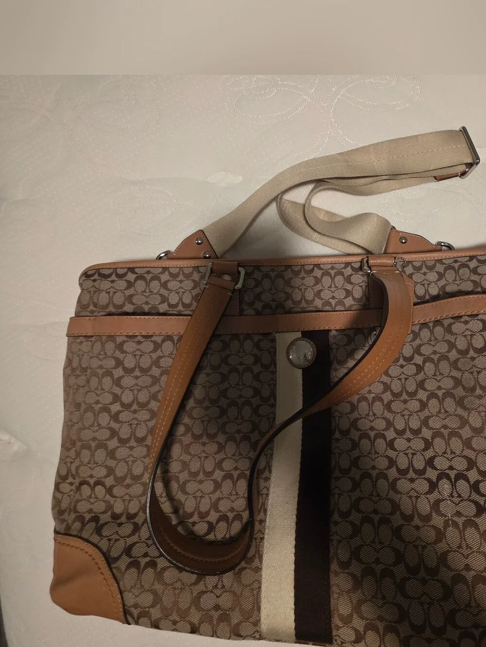Coach Brown and Cream Signature Tote DIAPER BAG with Center Stripe